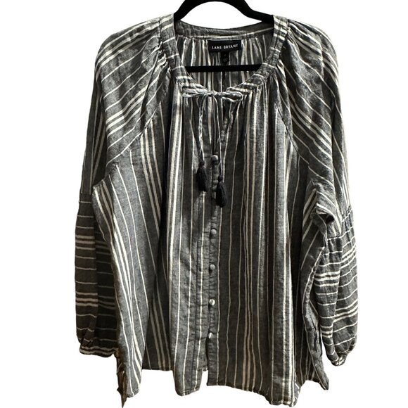 Lane Bryant sz 18 blue striped linen blend lagenlook boxy Boho tassel front top - Picture 1 of 7